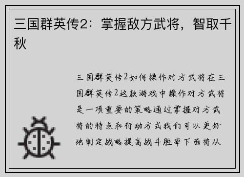 三国群英传2：掌握敌方武将，智取千秋